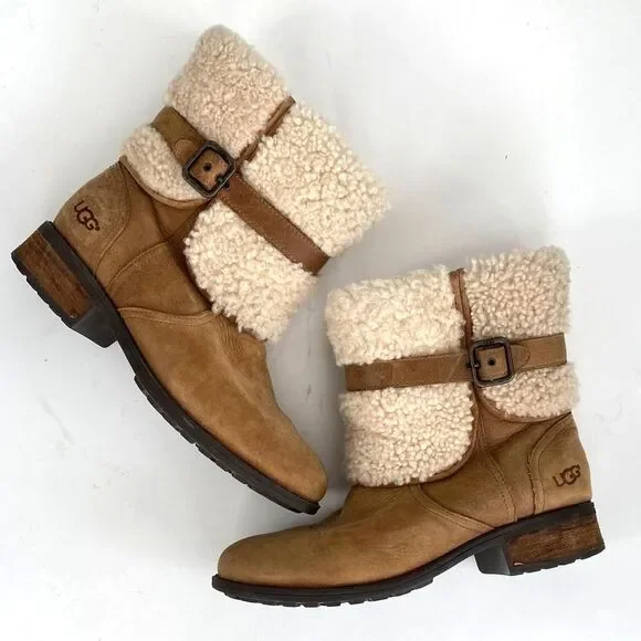 UGG Blayre II Boots Women's Tan Suede Cream Shearling Buckle Sz 9.5 Boho Western