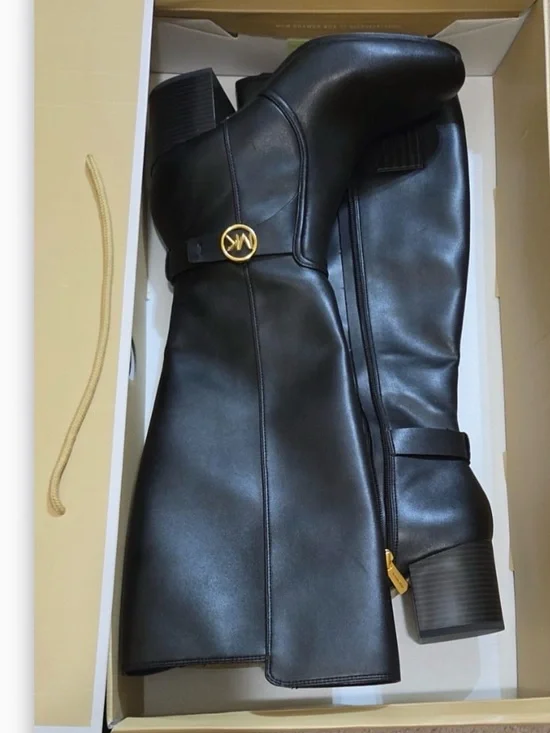 Michael Kors Knee High Boots Black Gold Logo Block Heel Sz 8M with Box