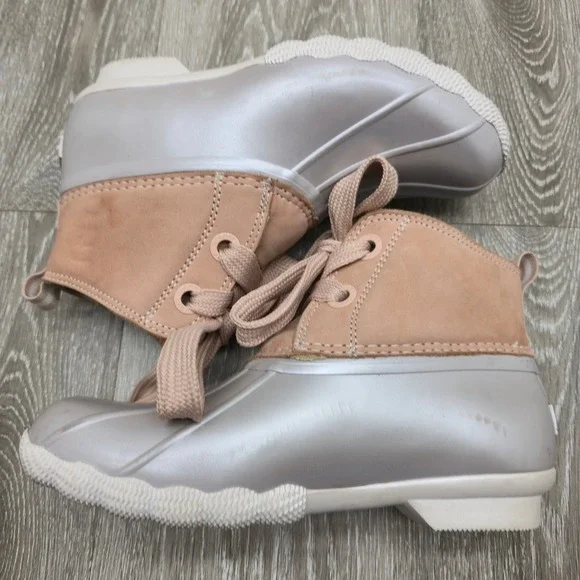 Sperry Saltwater Pearlized Duck Boots Rose Dust Leather Rubber‎ Womens 5.5