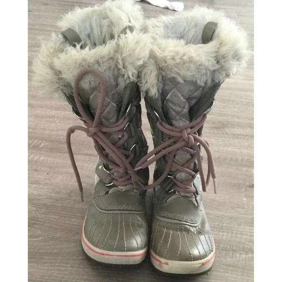 SOREL Tofino Organza Snow Boots Gray Silver Faux Fur Kettle/Orange Sz. 6