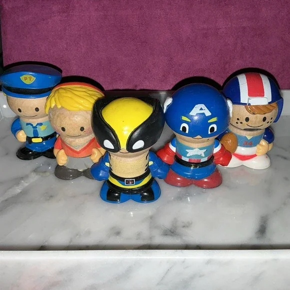 Lot of 5 Learning Curve Play‎ Town Wooden Doll Figures Avengers Police Wolverine