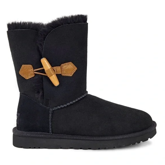 UGG Keely Black Suede Shearling Short Boots with Toggle Size 6
