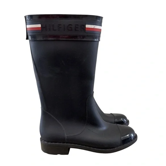 Tommy Hilfiger Black Calf Height Stripe Top Rain Boots 7