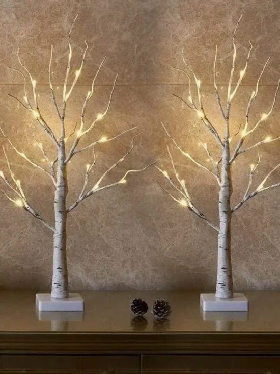 Pair (2) LED White Clear Warm‎ Pre-Lit Birch Trees Accent Lighting 24