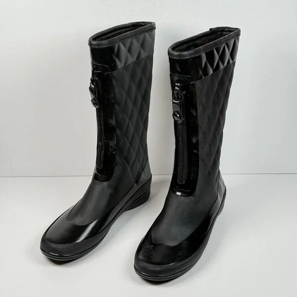 London‎ Fog Women 9M Tribeca Black Tall Rain Boots Quilted Zipper
