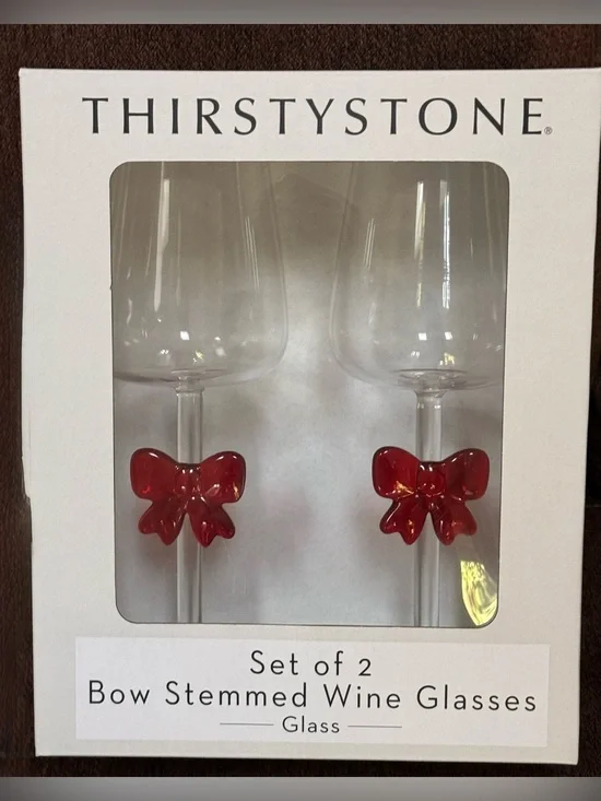 Thirstystone Clear Stemmed Wine Glasses with Red Bow Accents - Set of 2