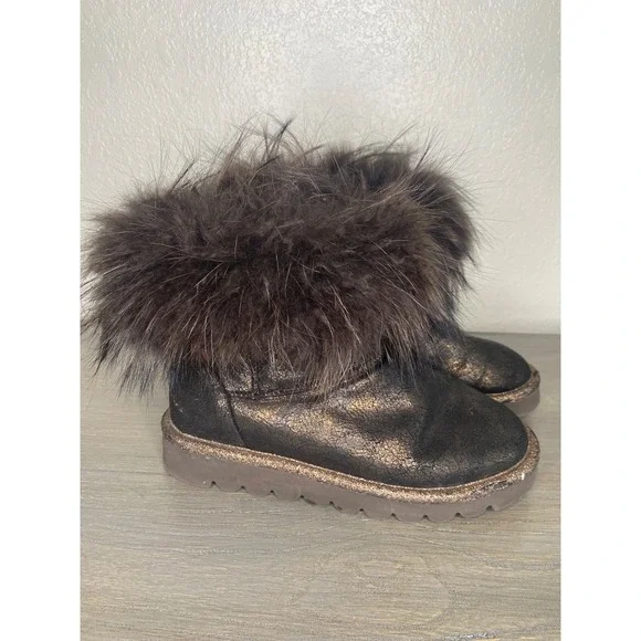 Rebecca White Womens Bronze/Brown Metallic Fur Trimmed‎ Ankle Winter Boots Sz 38
