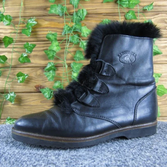 Kamouraska Canada Black Leather Fur Trim Lace Up‎ Winter Boots 7