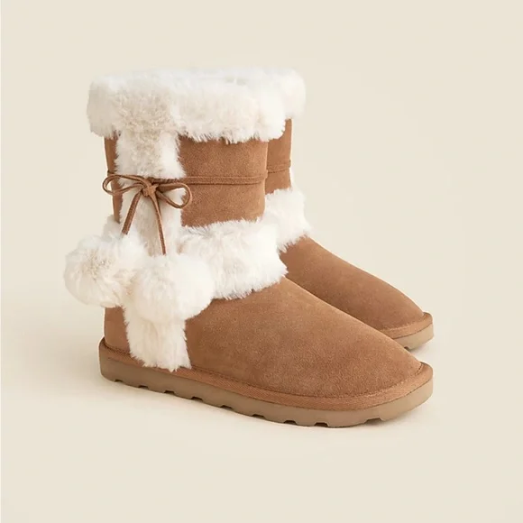 J. Crew NIB Faux-Fur Lined Cozy Brown‎ Booties in Suede with Pom-Pom