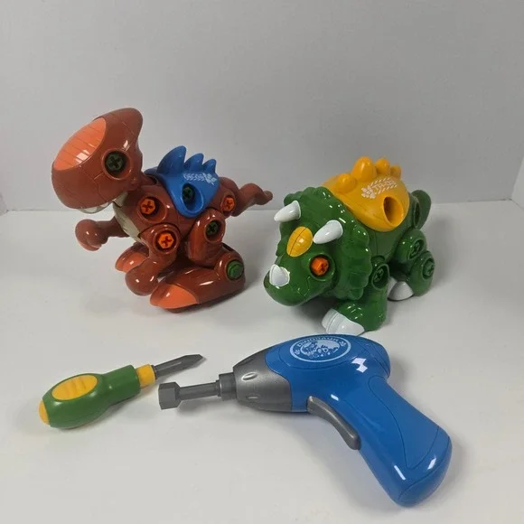 Take Apart Dinosaur Toys Set 2pc Brown Green STEM Building Drill Tool Blocks