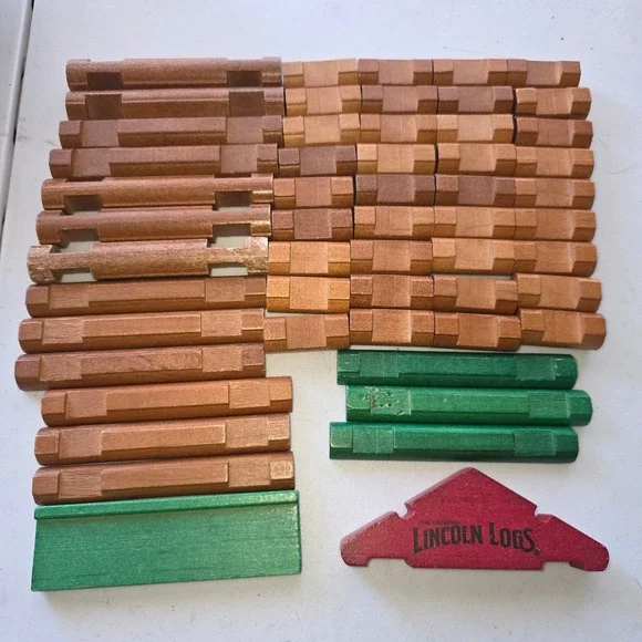 Lincoln Logs Vintage Real Wood Building Set 53 Piece Lot Brown‎ Green Red Gable