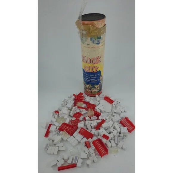 Vintage Block City Plastic Building Set w/Canister Tri State B500 1950s 250 Pc