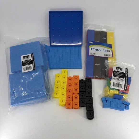 Base Ten Blocks Class Set Cubes, Rods,‎ Flats, Fractions Tiles, Math Bundle