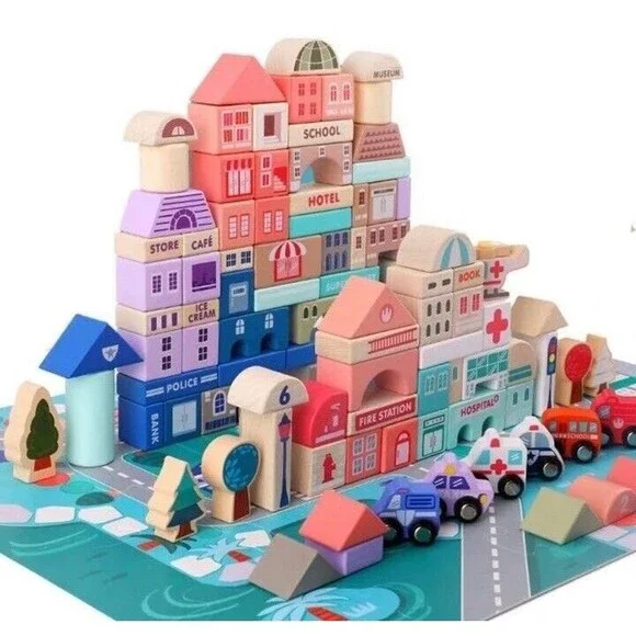 Wooden Building Blocks Set City Construction Stacking Preschool Montessori Learn