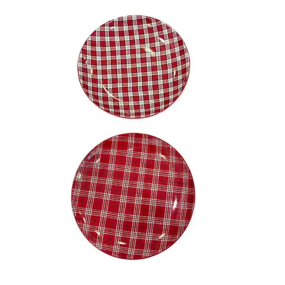 Pier 1 Humbolt Red Plaid Plates Porcelain‎ Round Set Of 2  8