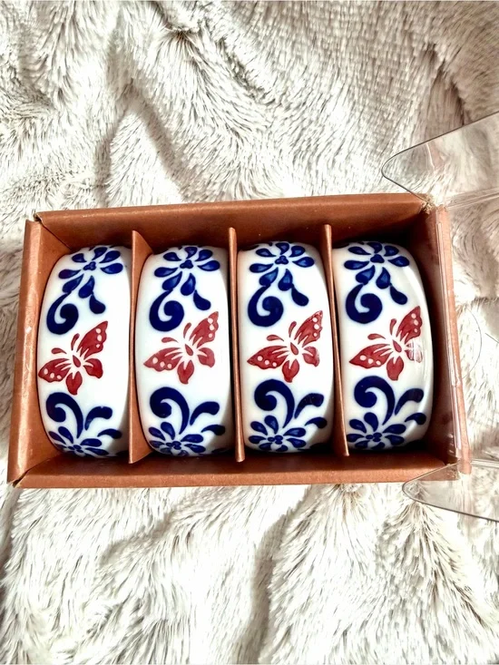 Pier 1 White Ceramic Napkin Rings with Blue Floral and Red Butterfly Motif