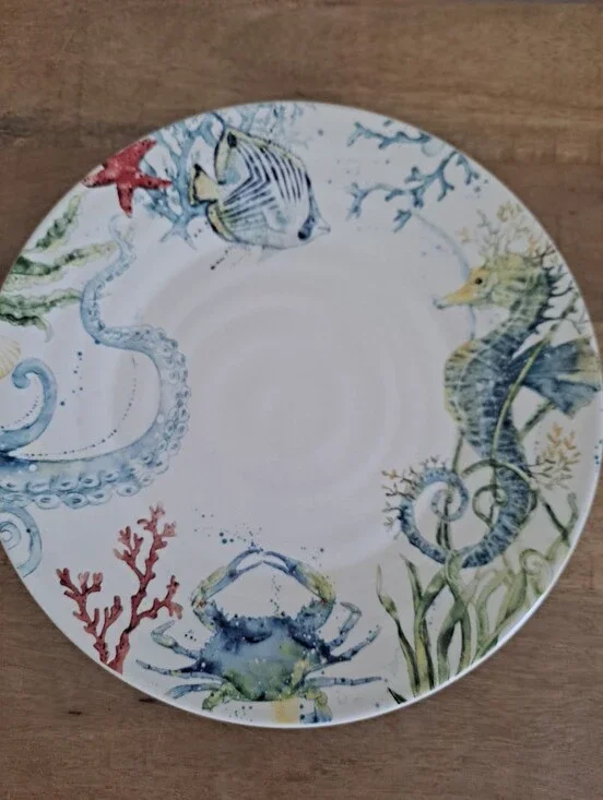 Pier 1 White Ceramic Dinner Plate Sea Life Rare Discontinued  10.75