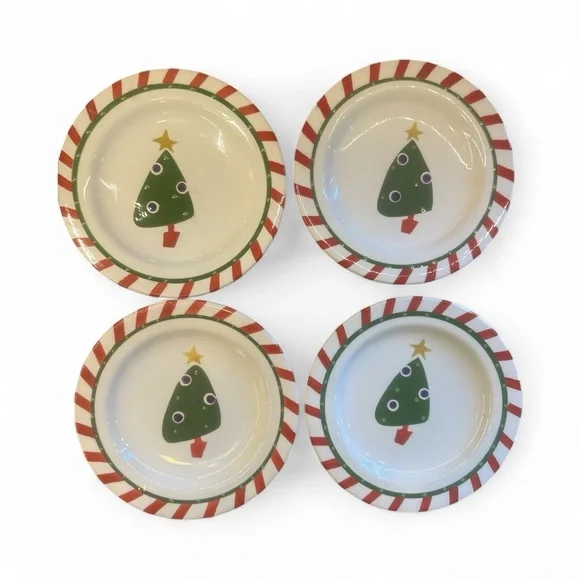 Set Of 4 Pier 1 Hand Painted Ironstone Christmas Tree Salad Dessert Plates 8