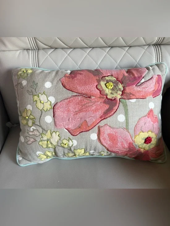 Pier 1 Coral Floral Accent Pillow Mint Piping French Knots Classic 3D Stitching