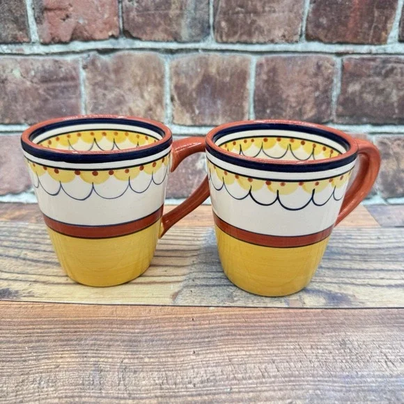 Pier 1 Del Sol 16 oz Coffee Tea Mugs Hand Painted Earthenware Retired Lot of 2