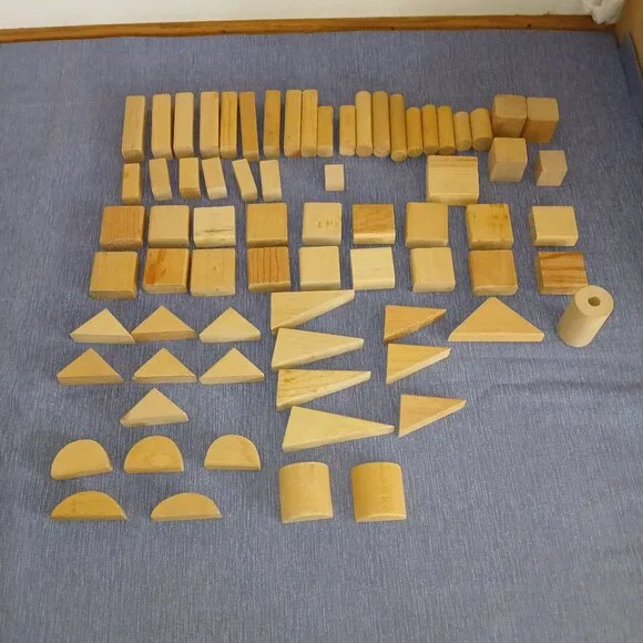 Assortment Building Wooden Blocks x 72 with storage bucket Used
