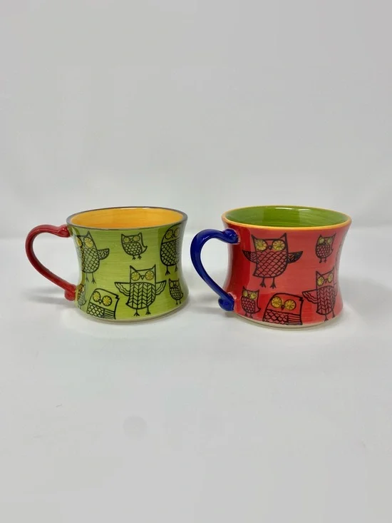 Set of 2 Beautiful colorful owl decorated Pier 1 Hand painted Stoneware mugs10oz
