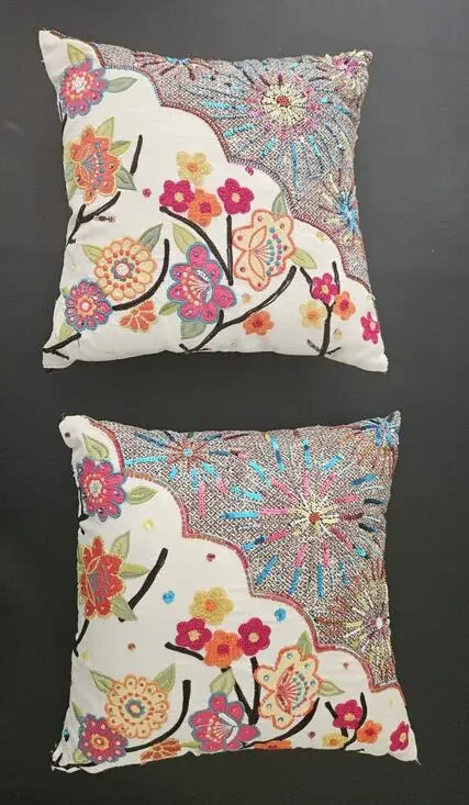 Vintage Pier 1 Pair Embroidered Floral Sequined Accent Throw Pillows 14x15