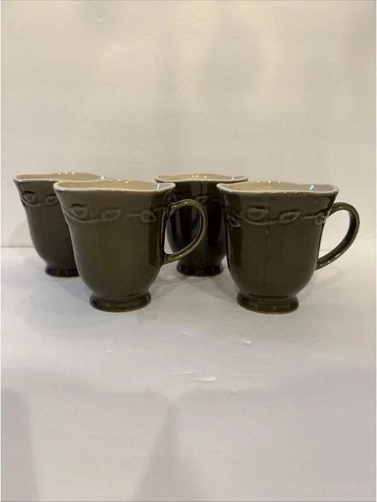 Pier 1 Imports Autumn Leaves (4) Footed Stoneware Mug Avocado 4.25” T By 4” W