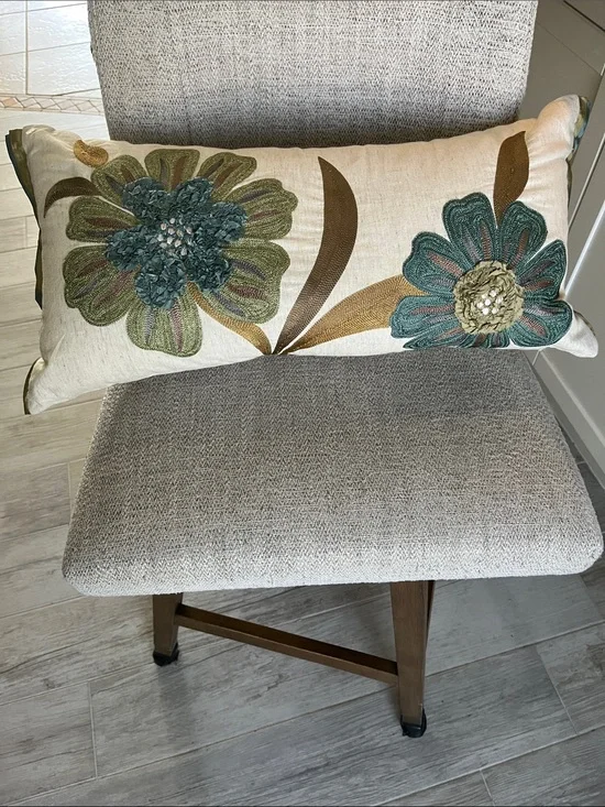 Pier 1 floral embroidered textured  boho lumbar pillow olive teal ribbon trim