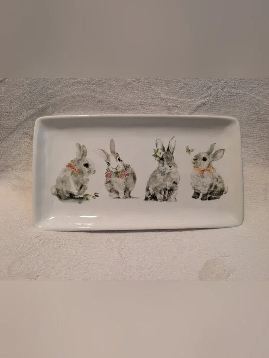 Pier 1 White Ceramic Bunny Tray with Floral Accents