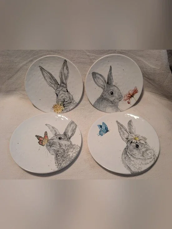 Pier 1 White Ceramic Spring Bunny Plates (Set of 4)