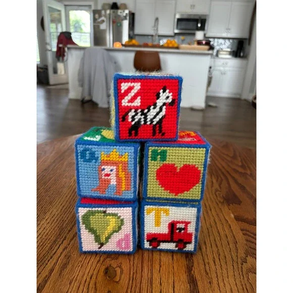 Handmade  Alphabet Blocks Jingle Bell Soft Toy Vintage Style 5pc Set