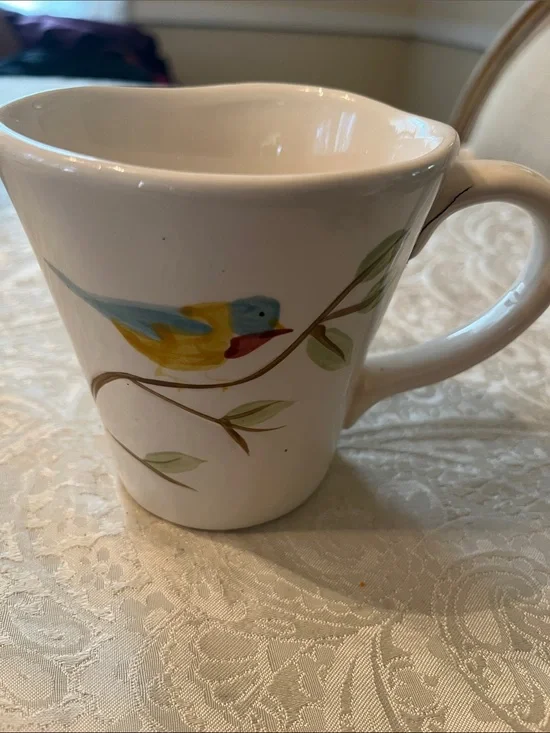 Pier 1 White Ceramic Mug with Blue and Yellow Bird Hand Painted