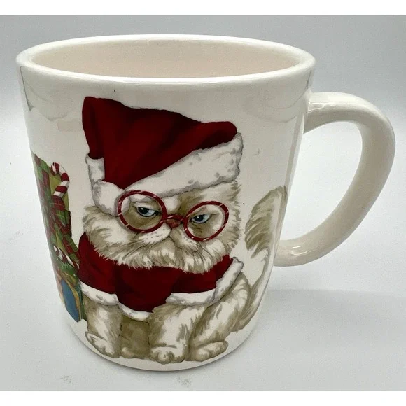 Pier 1 Grumpy Santa Cat Glasses Christmas Holiday Mug Cup Ironstone