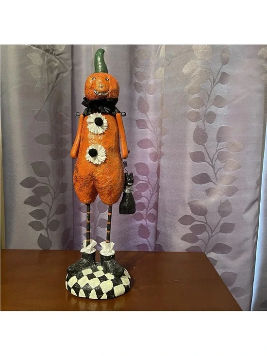 RARE Pier 1 Pumpkin Head With Cat Halloween Figurine Folk Art  Glittery 15½