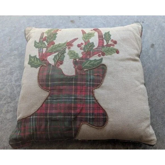 Pier One Imports Christmas Plaid Reindeer Tossed Pillow 17 X 17