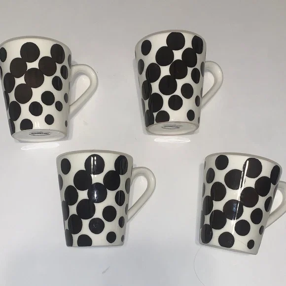 Pier 1 Kate Cream and Black Dotted/ Polka Dot Earthenware Ceramic Set Of Mugs