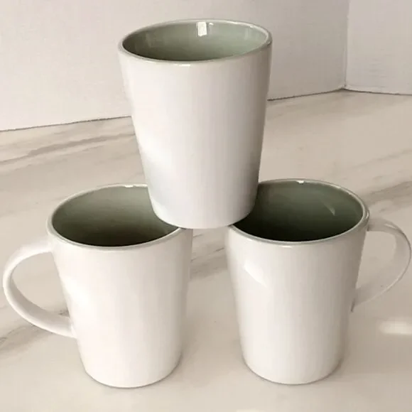 3 PIER 1 IMPORTS DUSK JADE Crackle Green Smooth White Stoneware Coffee Mugs