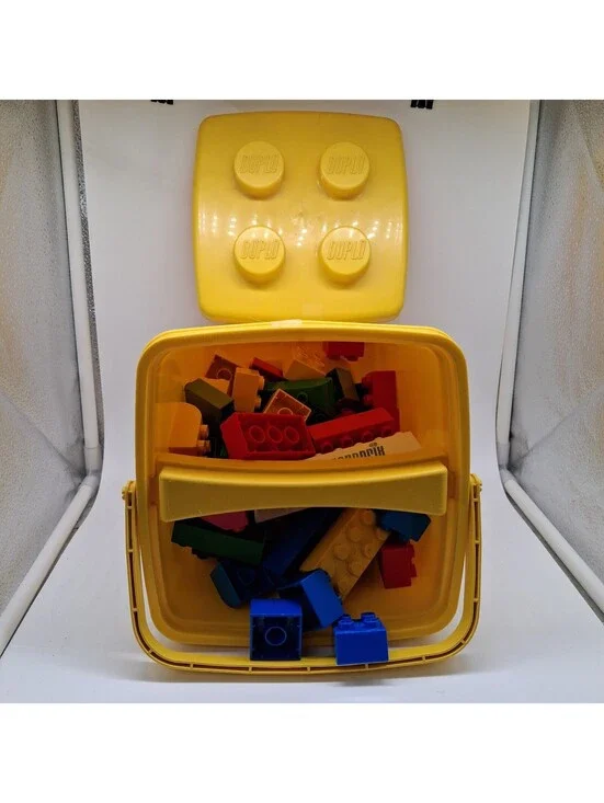 LEGO DUPLO Yellow Storage Carry Case Bin w/ 74 Assorted Building Blocks Bricks