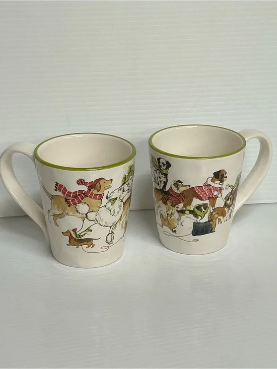 Set of 2 Pier 1 Imports  Park Avenue Puppies Dogs Coffee Tea Cups Mug Retired