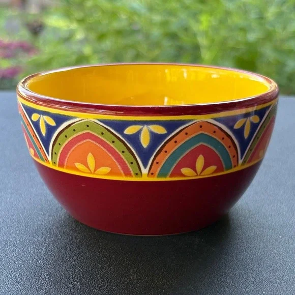 Pier 1 Mexicali Ironstone Bowl Red Yellow Southwestern Geometric Floral Boho