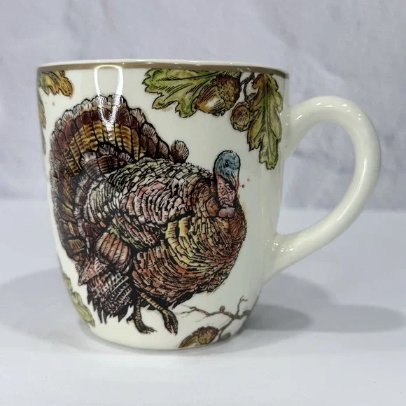 Pier 1 Imports Earthenware Coffee Mug Cup Autumn Oak Fall Thanksgiving Turkey