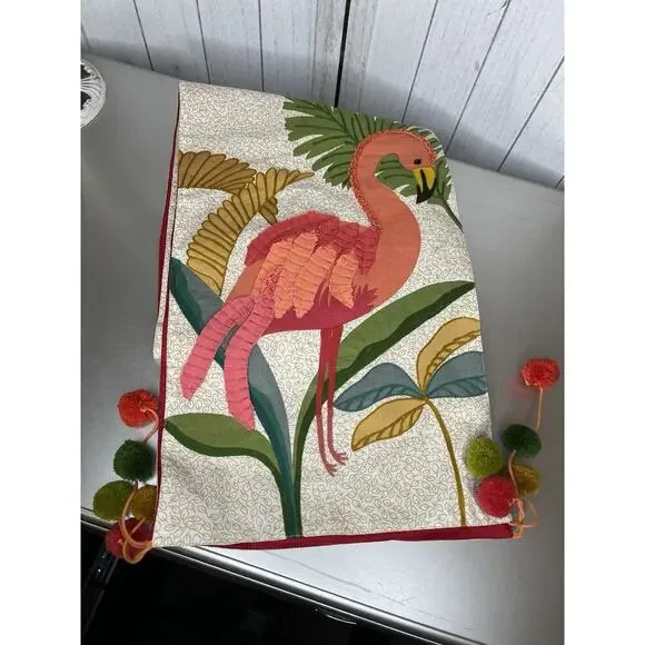 Vintage Pier 1 Imports Flamingo Tropical Table Runner 72”x 13” Pom Poms