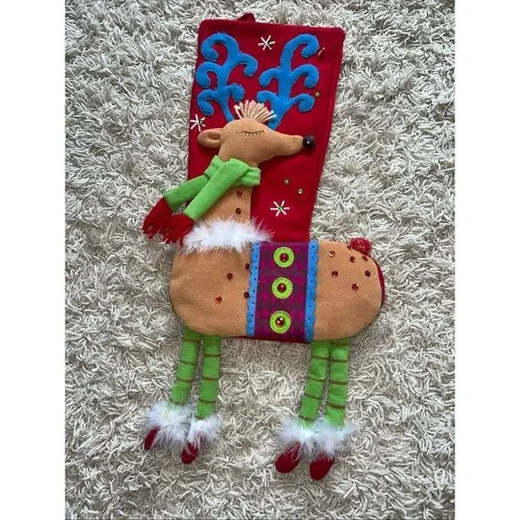 Pier 1 One Imports Festive Reindeer Dangle Legs Sequin Christmas Stocking