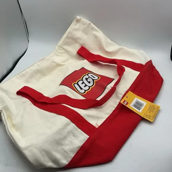 LEGO Logo Red Cream Canvas Tote Bag Reusable Shopping Bag New With Tags