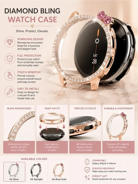 Samsung Rose Gold and Pink Rhinestone Diamond Bling smart Watch Case