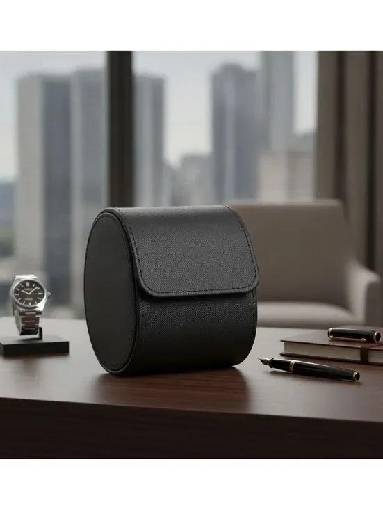 Single Slot Watch Roll Case Black PU Leather Travel Storage Snap Closure NEW