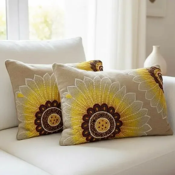 Pier 1 Imports Pillows Lumbar Throw Embroidered Beaded Sunflowers Two 19” x 14”