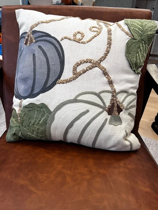 16x16 Embroidered Pumpkin Throw Pillow Fall Harvest Autumn Decor Linen Blend