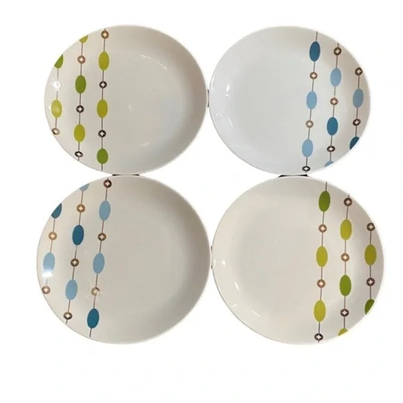 Pier 1 White Salad Plates with Blue &Green Accents. Beaded Garland. Set of 4.